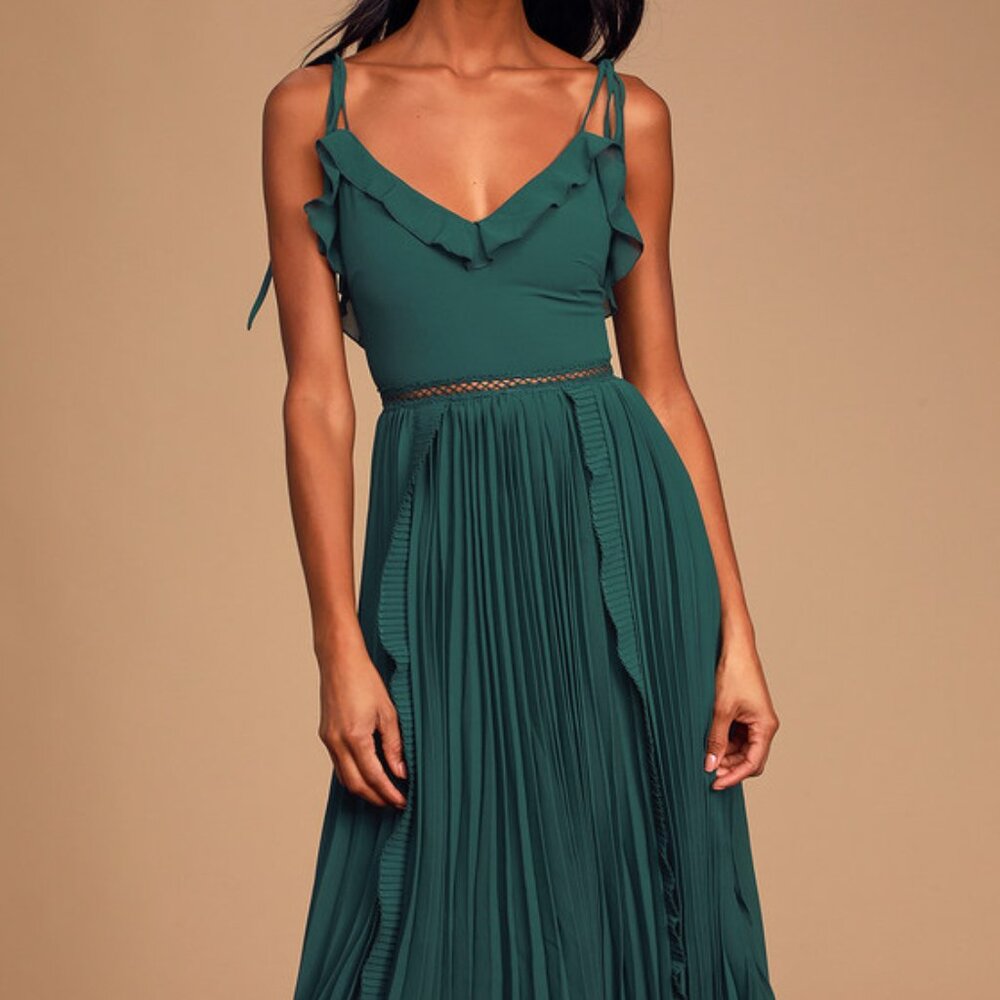 Lulus Never A Dull Moment Emerald Green Tie-strap Pleated Midi Dress - Size M
